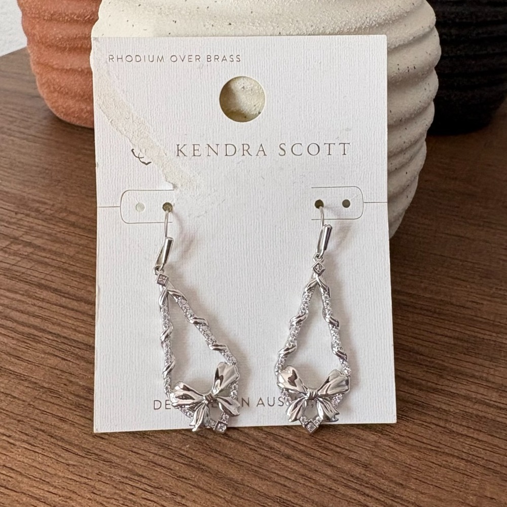 Kendra Scott Belle‎ Bow Drop Earrings Silver Cubic Zirconia NEW